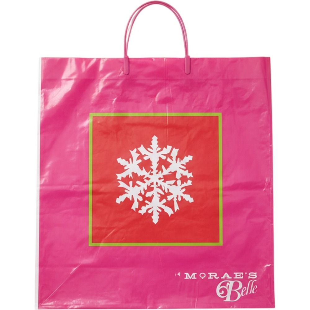 Vintage McRaes Belk Department Store Plastic Shopping Bag Snowflake Holiday Pink